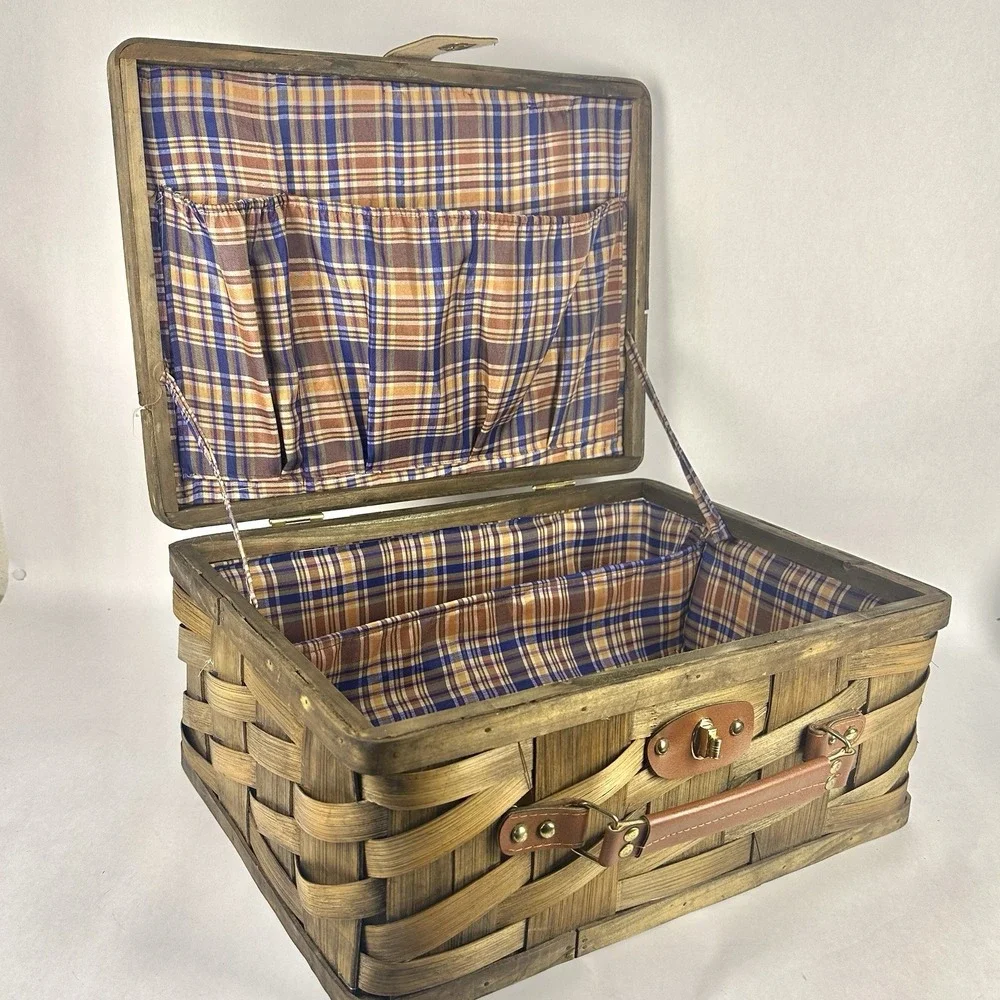 Vintage Woven Wood Picnic Basket Plaid Lined Folding Handle Storage Basket